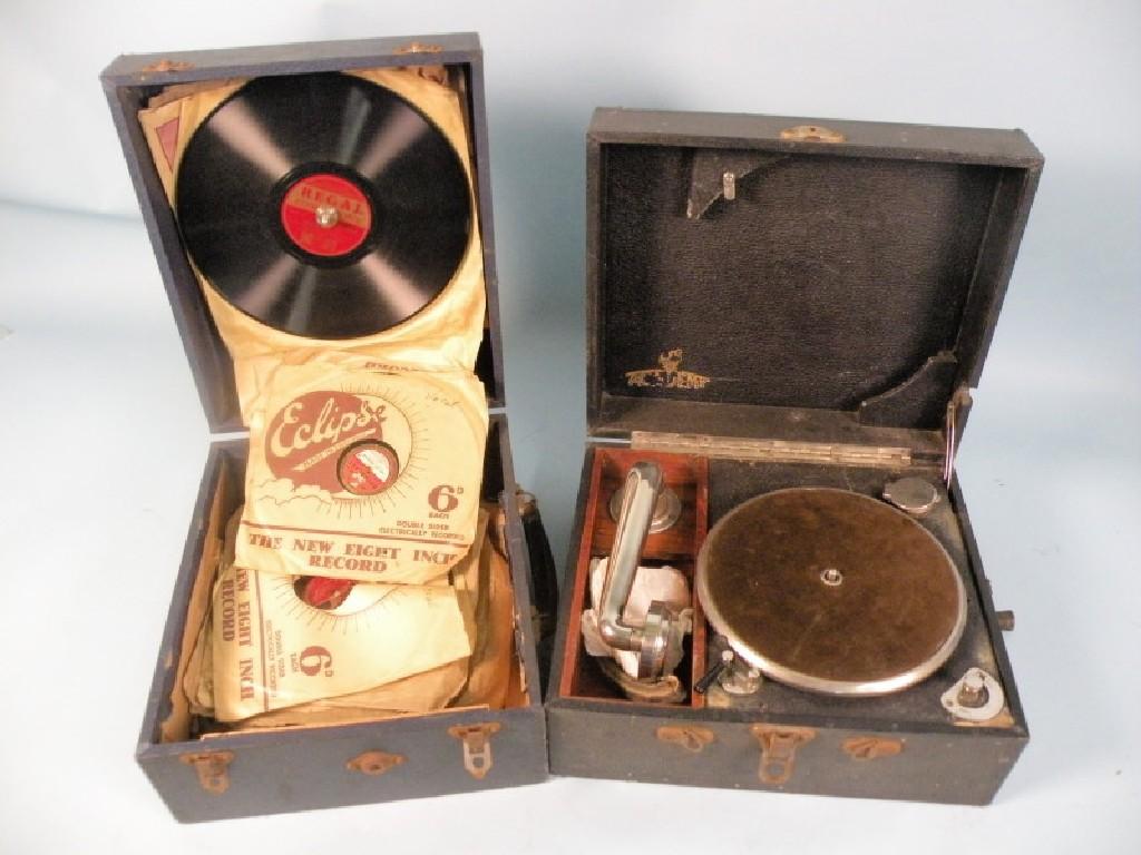 Appraisal: An Academy portable gramophone with chrome fittings and a quantity