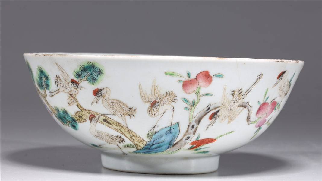 Appraisal: Antique Chinese famille rose enameled porcelain fencai bowl with cranes