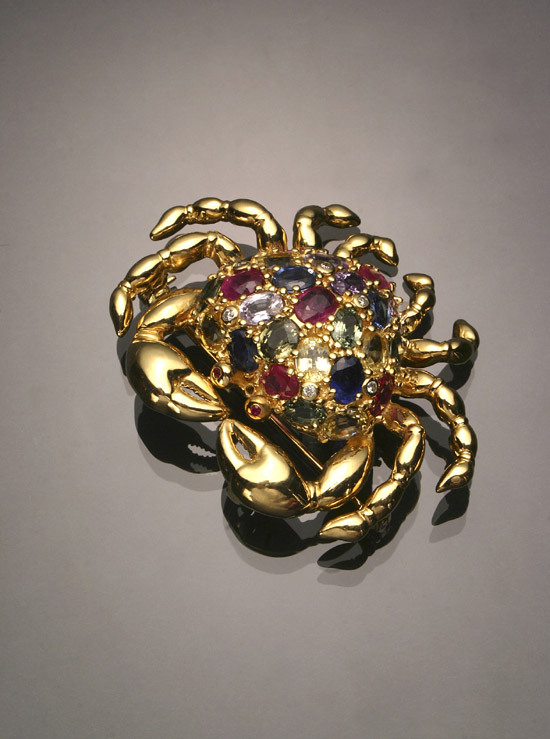 Appraisal: -Karat Yellow-Gold Precious and Semi-Precious Stone and Diamond Crab Brooch