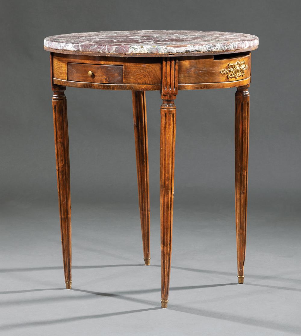 Appraisal: Louis XVI-Style Carved Walnut Bouillotte Table th c rouge marble