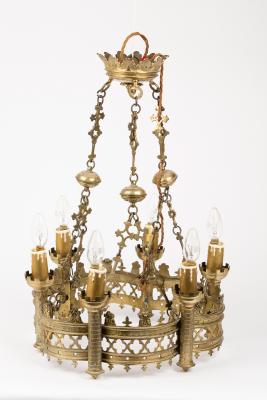 Appraisal: A Victorian Gothic castellated chandelier the five-lights with spiral supports