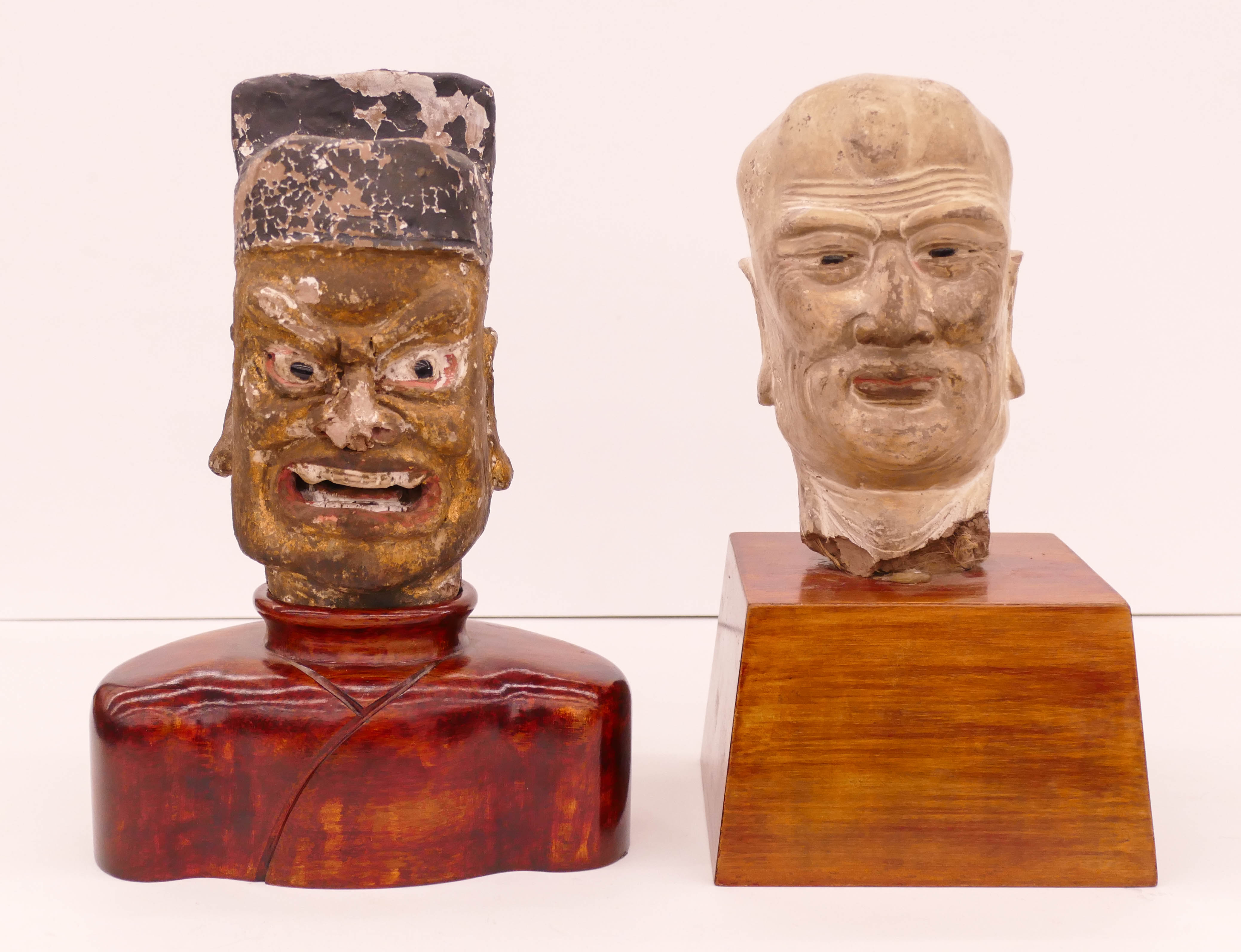 Appraisal: pc Chinese Ming Stone Heads on Stands Includes a lacquered