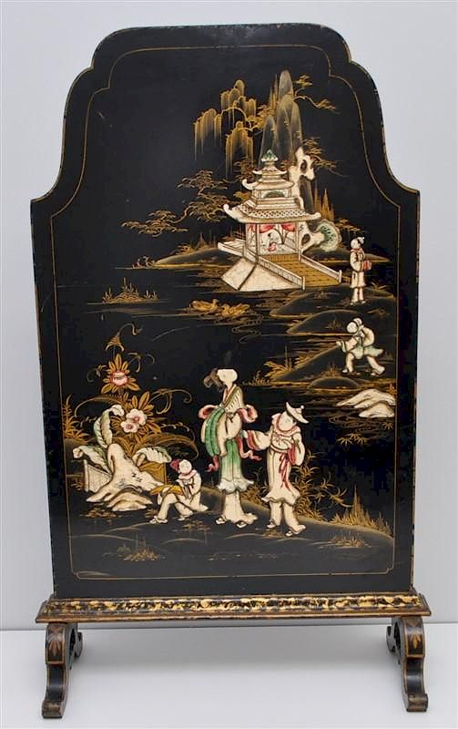 Appraisal: ENGLISH CHINOISERIE DECORATED FIRE SCREEN Antique Black Lacquered Wood English