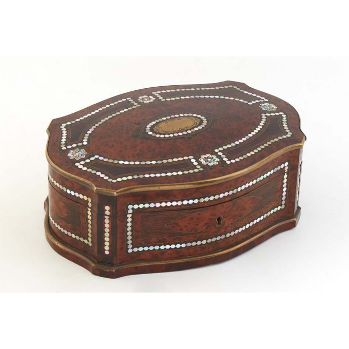 Appraisal: French Tahan Mother-of-Pearl Brass and Burled Walnut Oval Box early