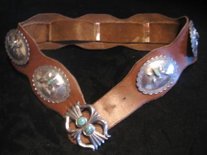 Appraisal: Silver and turqoise leather belt Seven medallions centered with butterflies