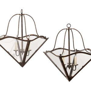 Appraisal: A Pair of Triangular Iron Hall Lanterns th Century Height