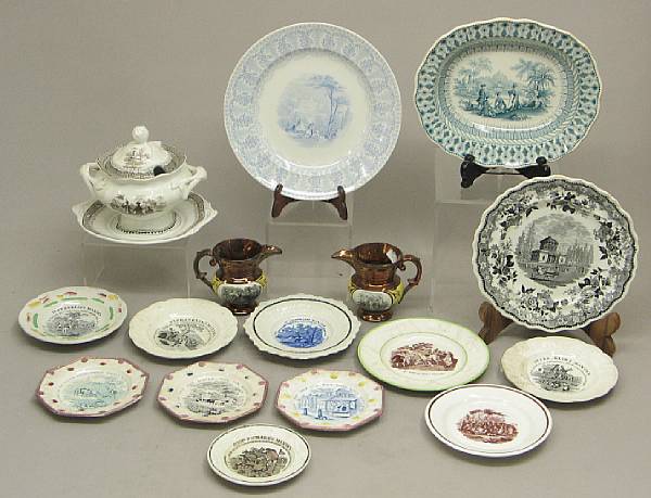 Appraisal: An assembled grouping of seventeen pieces of transfer printed ceramics