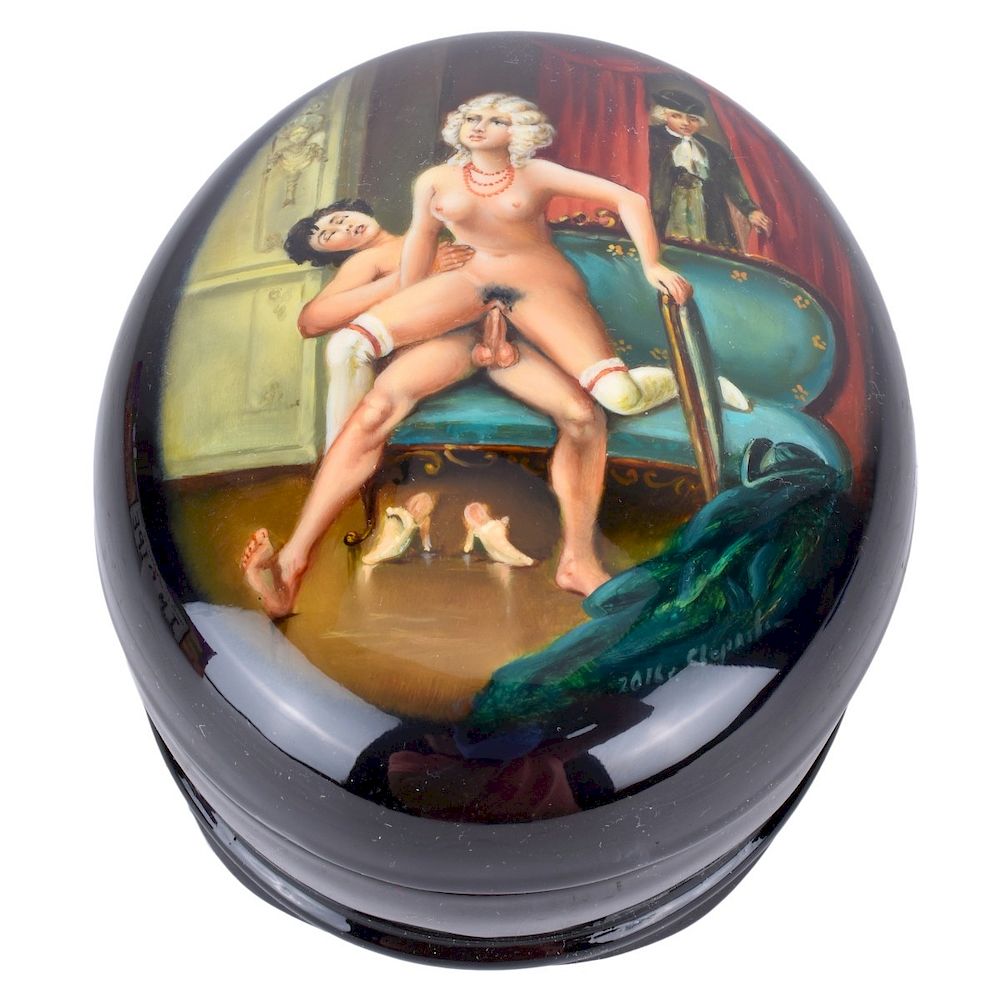 Appraisal: Russian Lacquer Hinged Box With Erotic Scene Russian Lacquer Hinged