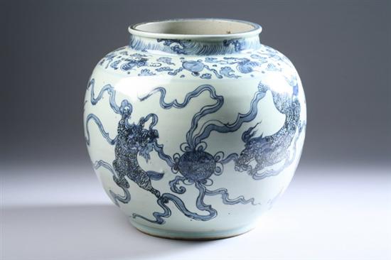 Appraisal: CHINESE BLUE AND WHITE PORCELAIN VASE Fu lion decoration -