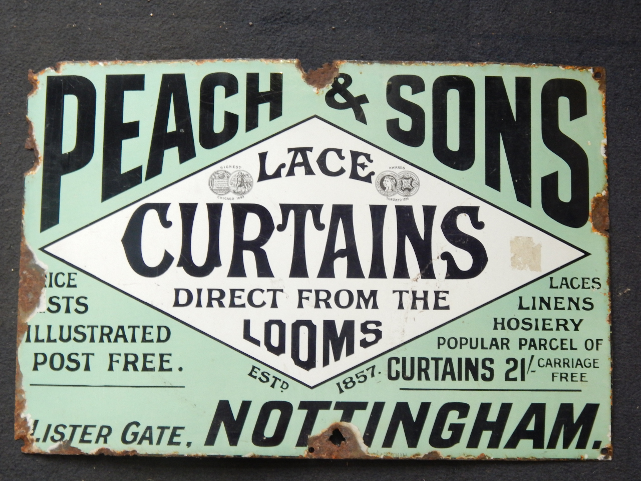 Appraisal: An enamel sign for Peach Sons Lace Curtains Direct from