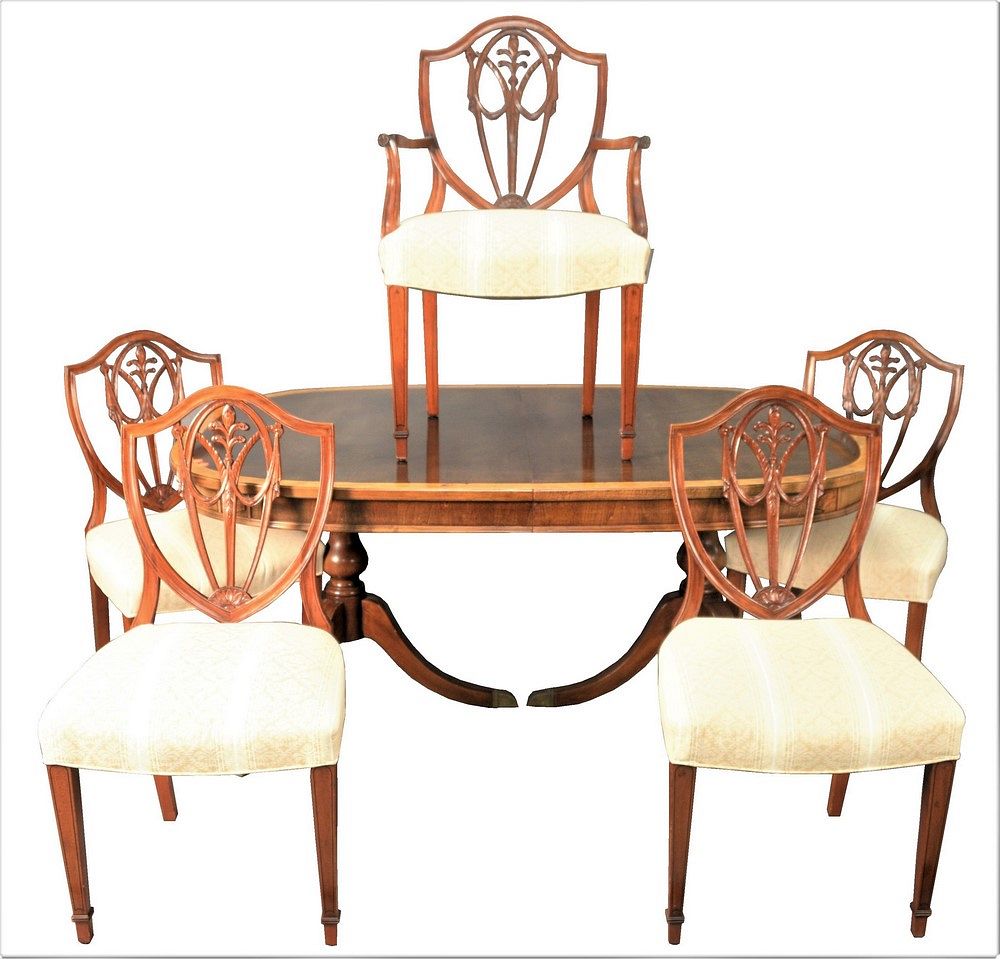 Appraisal: Mahogany Seven Piece Dining Set having banded inlaid double pedestal