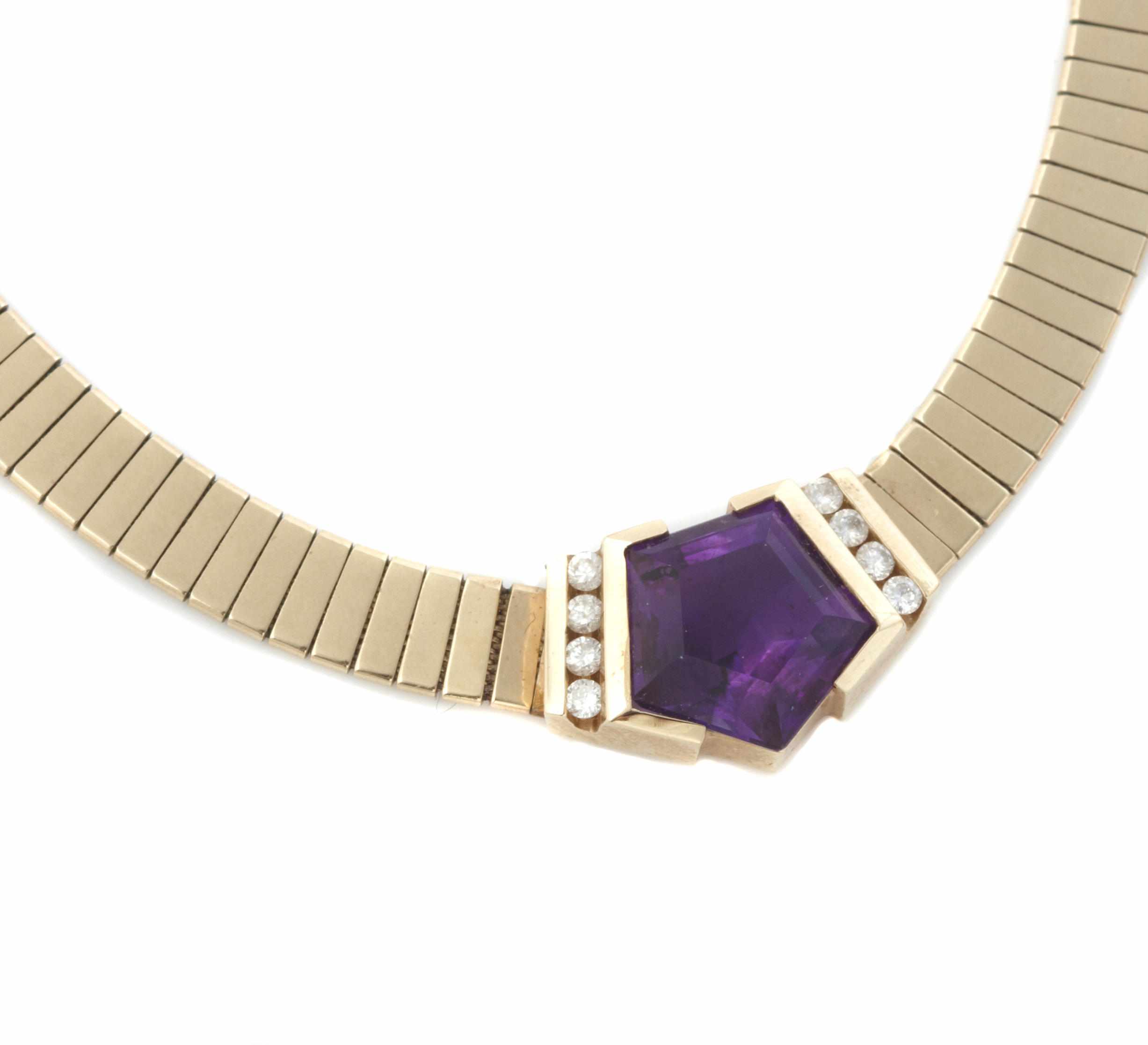 Appraisal: A shield-cut amethyst diamond and k gold necklace length in