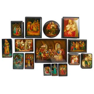 Appraisal: FEDOSKINO RUSSIAN LACQUER BOXES Fifteen All with figural scenes Russia