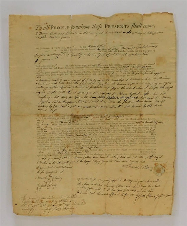 Appraisal: AMERICAN PRE REVOLUTIONARY WAR LAND DEED United States Land deed