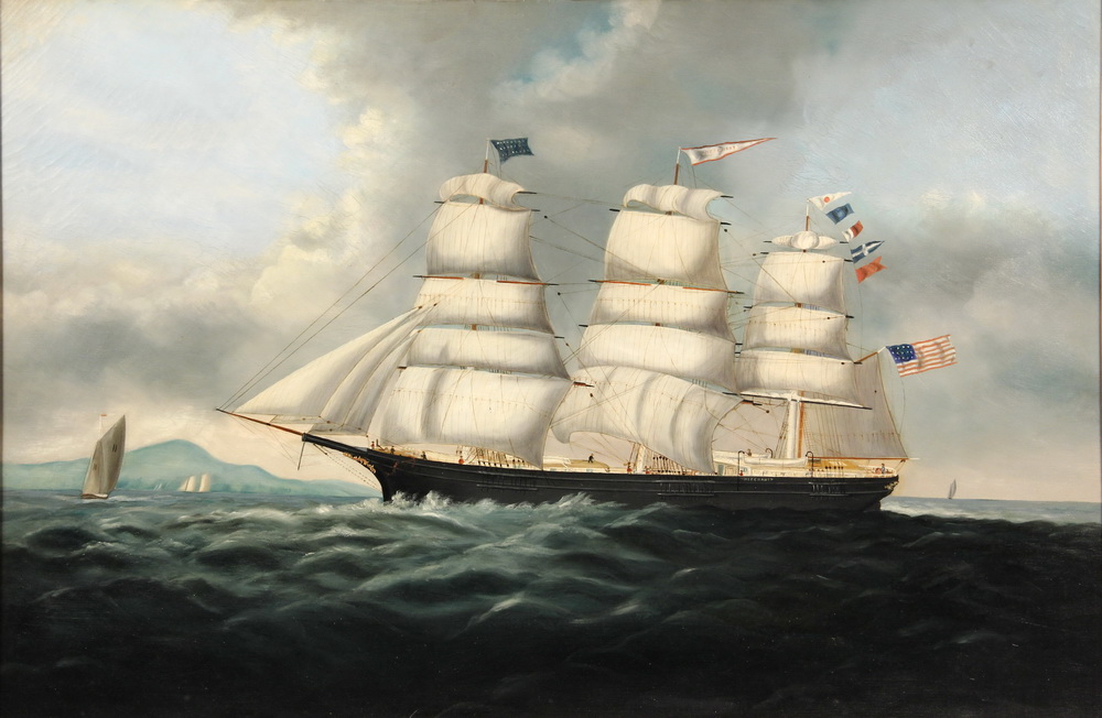 Appraisal: SHIP'S PORTRAIT - American Three-Mast Sailing Ship likely the Merchant