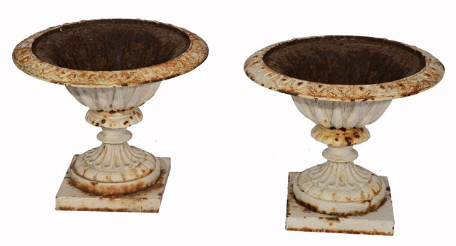 Appraisal: A PAIR OF VICTORIAN CAST IRON CAMPANA URNS the shallow