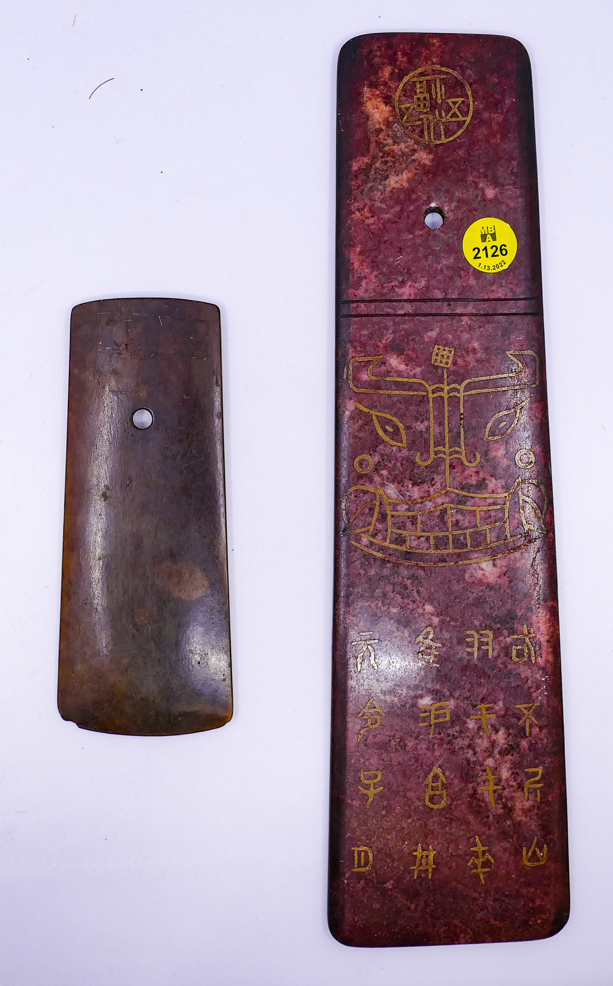 Appraisal: pc Chinese Archaic Stone Hatchet Plaques- '' and ''