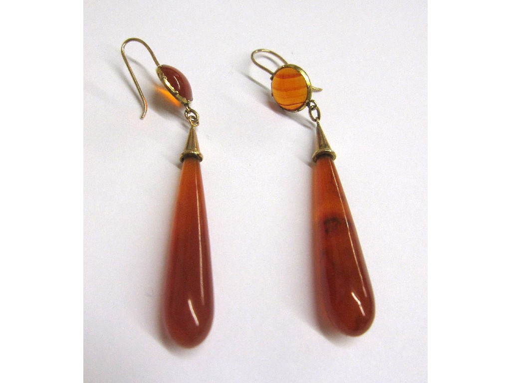 Appraisal: Pair of gold mounted cornelian long drop earrings