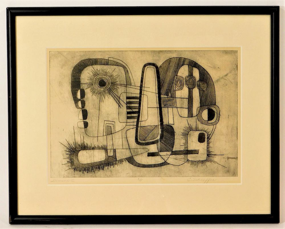 Appraisal: C Schaeffer Modern Abstract Gemini II Etching C Schaeffer United