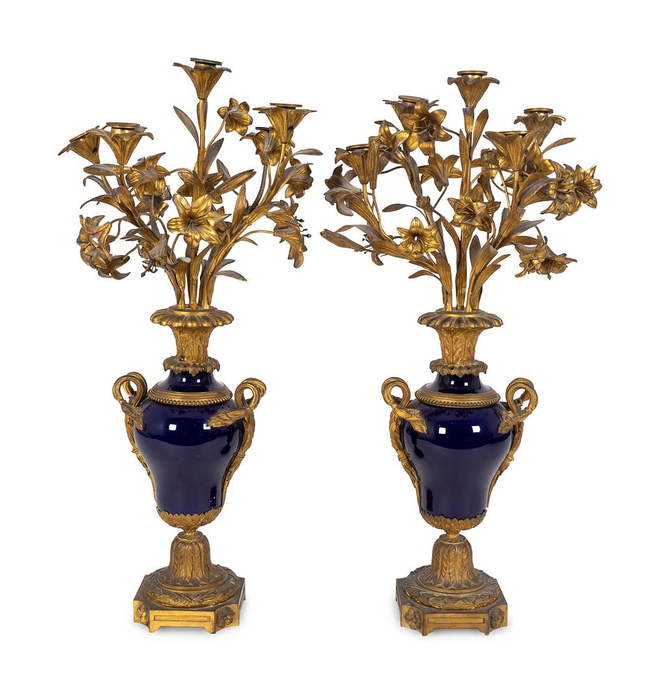 Appraisal: A Pair of Louis XV Style Gilt-Bronze and Cobalt Blue-Glazed