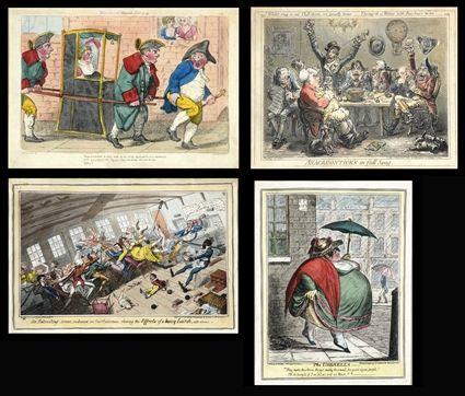 Appraisal: ENGLISH SCHOOL FOUR SATIRICAL PRINTS Hand-colored engravings one after Gillray