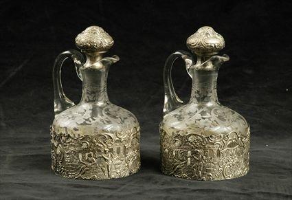 Appraisal: Pair of Dutch Silver-Mounted Etched Glass Cruets Each in in