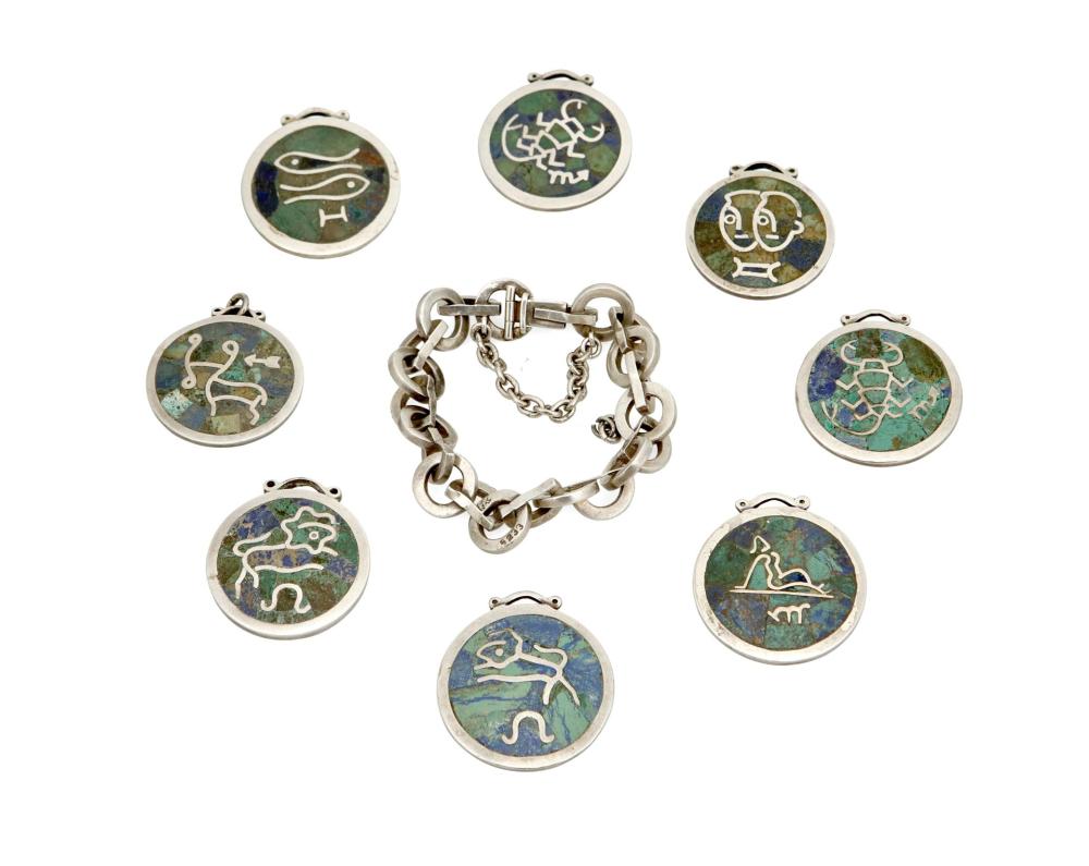 Appraisal: A mixed group of Mexican silver and hardstone Zodiac jewelry