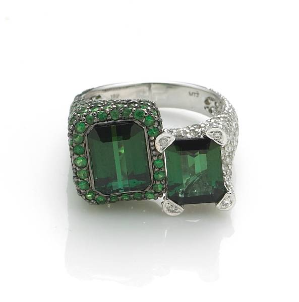 Appraisal: A green tourmaline tsavorite diamond and k bicolor gold ring