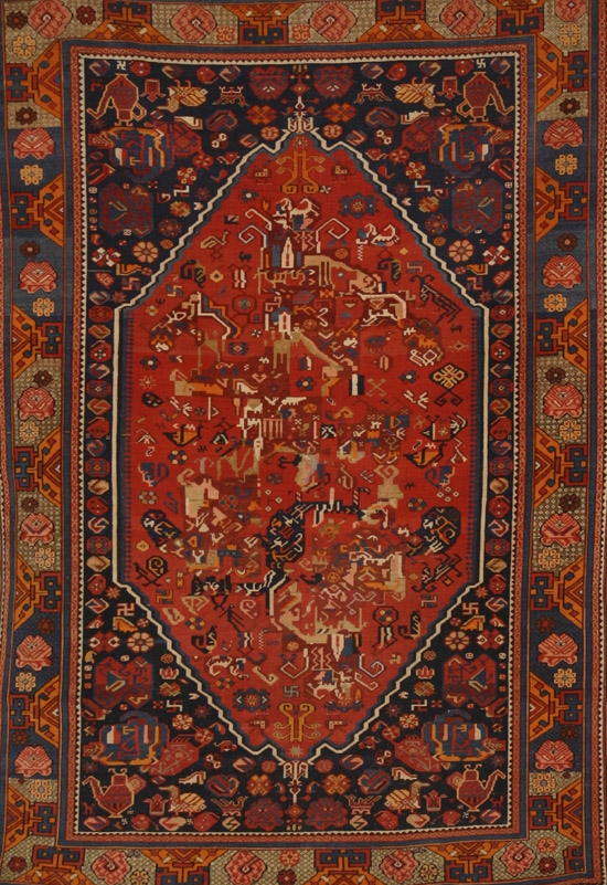 Appraisal: Zechoir Caucasian Rug Circa Blue ground with bird teapot and