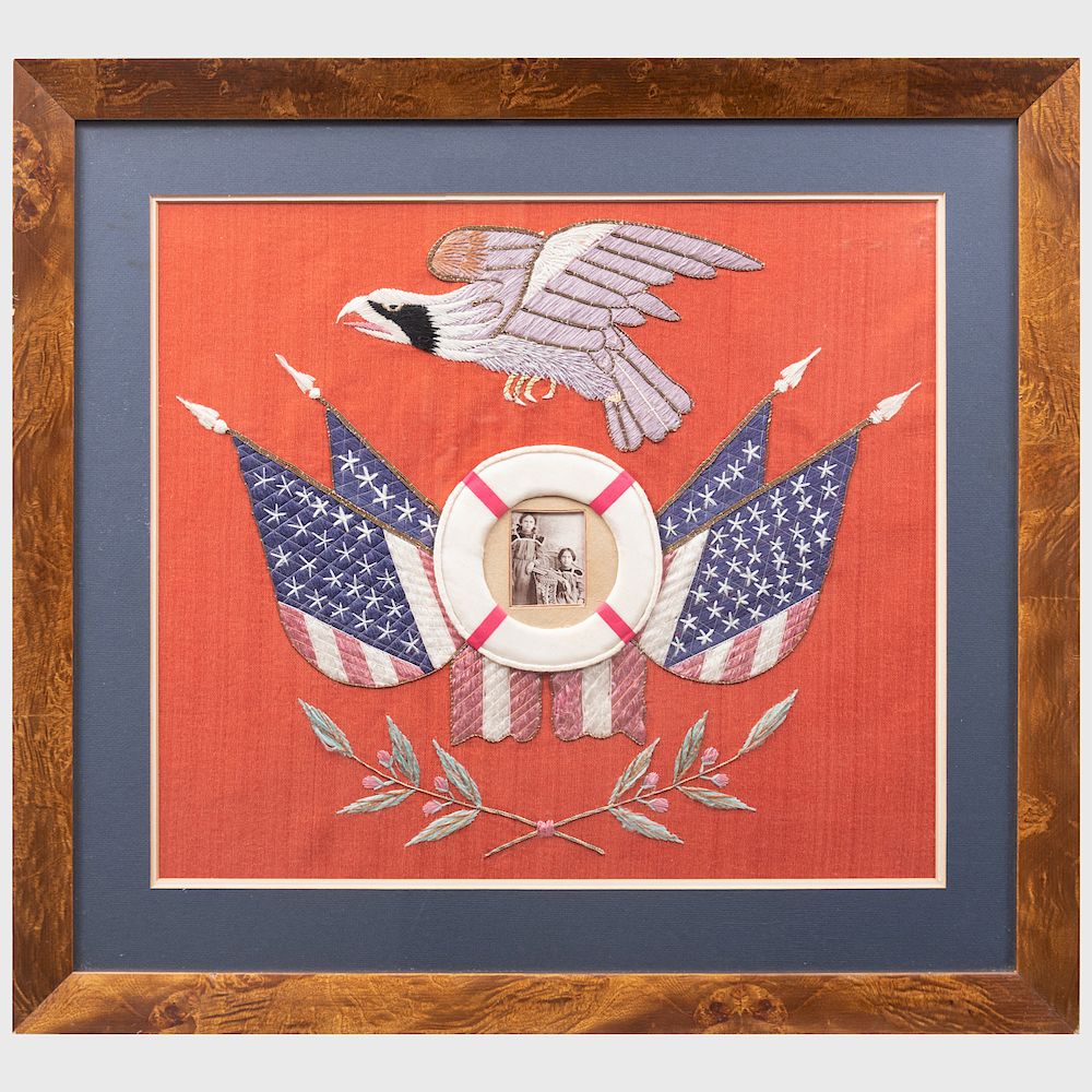 Appraisal: Japanese Export Patriotic Embroidery Together with a framed American Flag