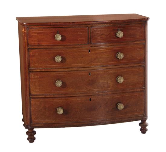 Appraisal: English inlaid mahogany bowfront chest of drawers circa drawers flanked