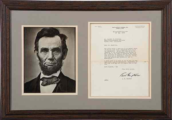 Appraisal: Abraham Lincoln Photograph Plus Letter Regarding its History Lot of