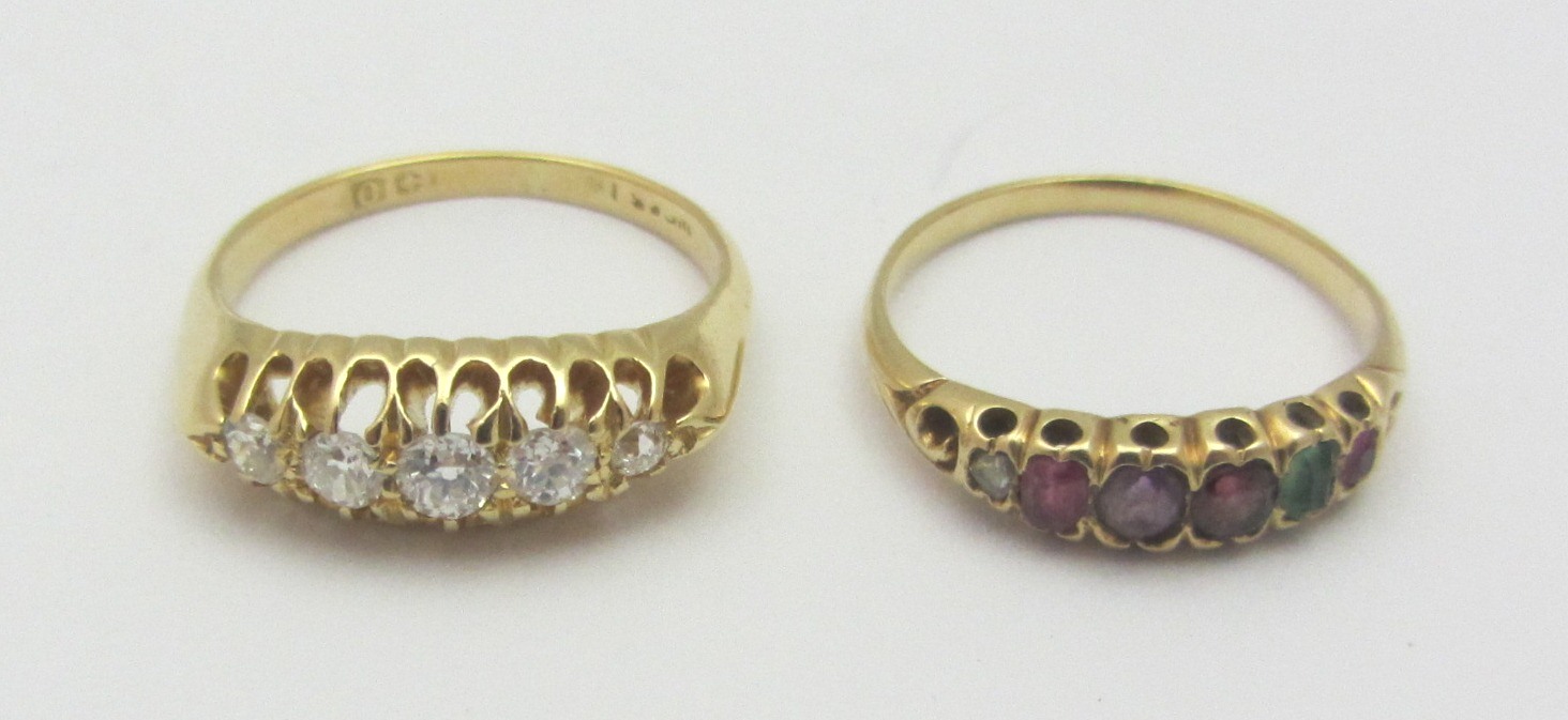 Appraisal: A gold and diamond set five stone ring mounted with