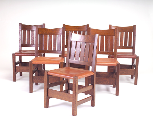 Appraisal: GUSTAV STICKLEY Six V-back side chairs with five vertical slats