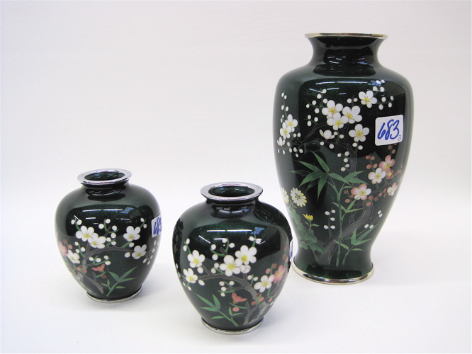 Appraisal: THREE JAPANESE CLOISONNE VASES with floral decoration on the green