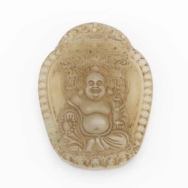 Appraisal: CHINESE CARVED CELADON JADE PLAQUE ORNAMENT LAUGHING BUDDHA ON LOTUS