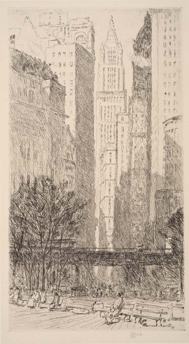 Appraisal: CHILDE HASSAM Battery Park Etching on cream wove paper x