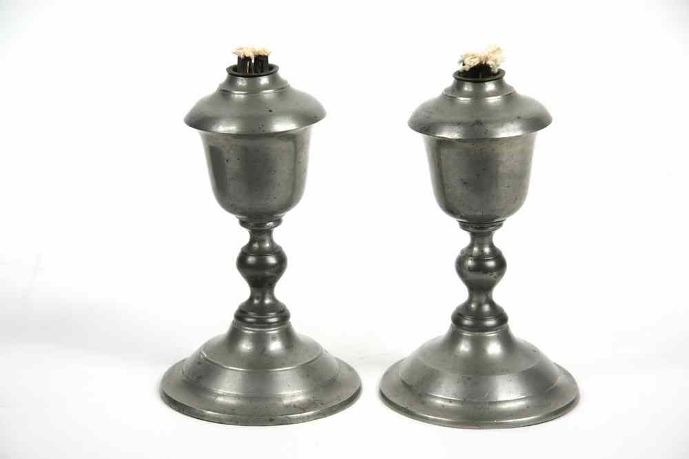 Appraisal: LAMPS - Rare matched pair of pewter whale oil lamps