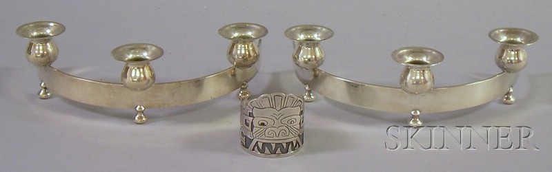 Appraisal: Pair of Silver Plated Three-light Candlesticks and Mexican Sterling Bracelet