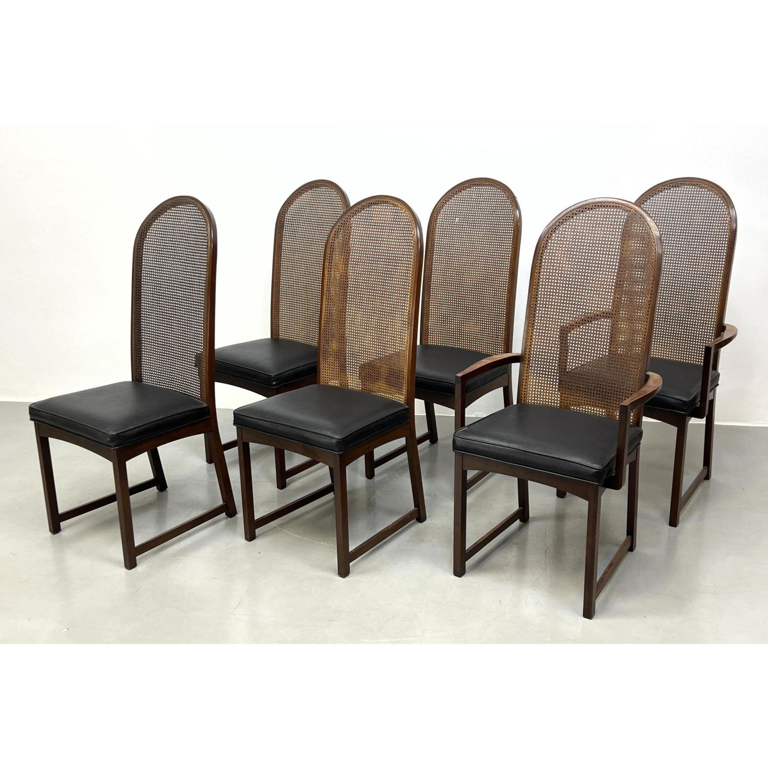 Appraisal: Set of six Milo Baughman chairs Tall Arched top caned