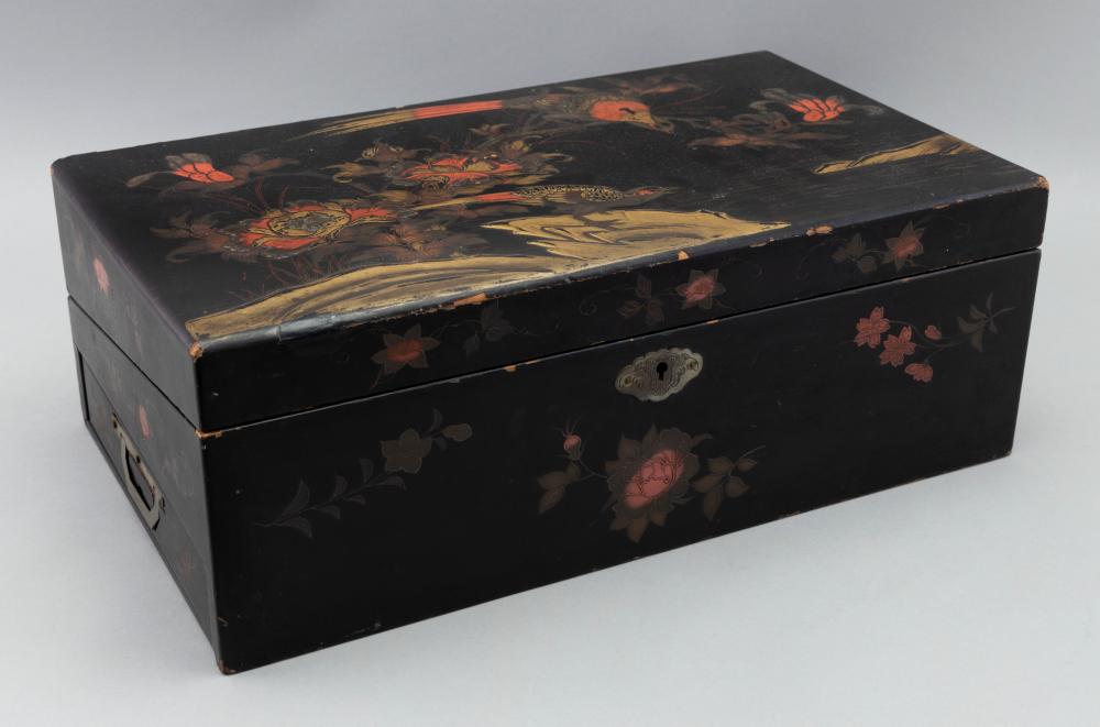 Appraisal: CHINOISERIE BLACK RED AND GOLD LACQUER WRITING BOX LATE TH