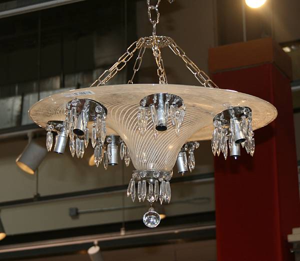 Appraisal: A glass and chrome hanging lamp hung with pendants The