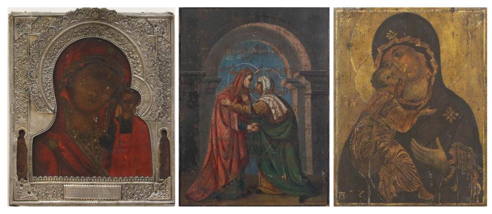 Appraisal: THREE GREEK ICONS PAINTINGS ON WOOD Mary and Elizabeth Madonna