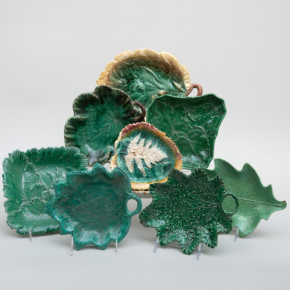 Appraisal: Group of Nine Majolica Leaf Form Dishes Comprising A Bremeld