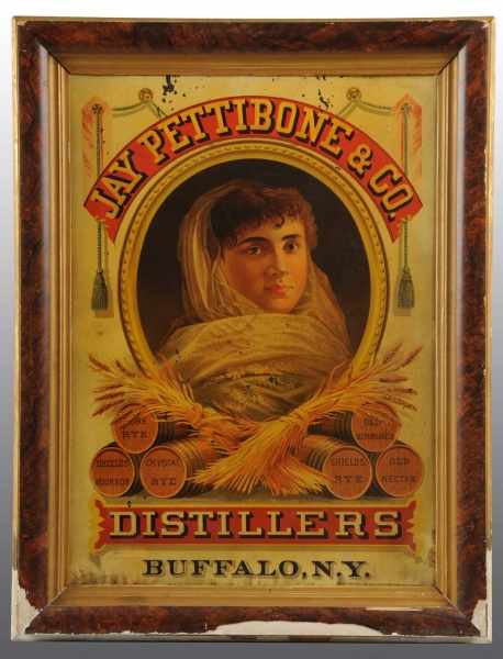 Appraisal: Framed Tin Litho Buffalo Whiskey Sign with Girl Description Early