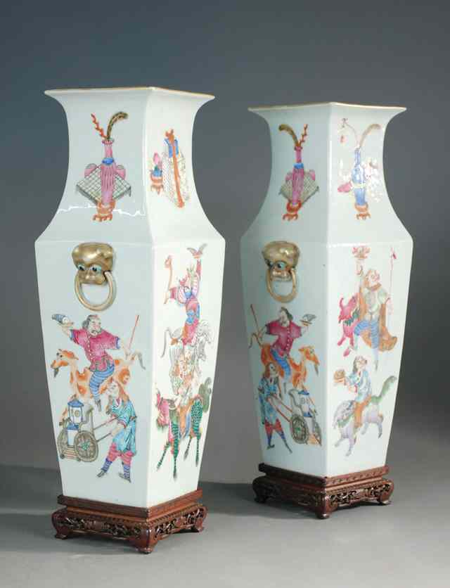 Appraisal: PAIR SUPERB CHINESE PORCELAIN VASES of tapered rectangular form hand