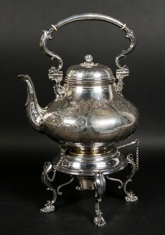 Appraisal: Elkington English silverplate hot water kettle on stand Kettle with