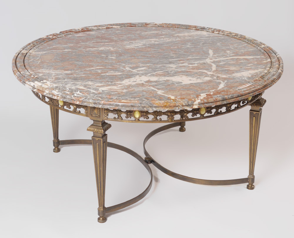 Appraisal: MARBLE TOP COFFEE TABLE WITH METAL BASE Round marble top