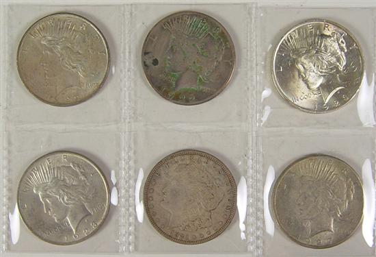 Appraisal: Six Silver Dollars Six Silver Dollars Morgan and -S Peace