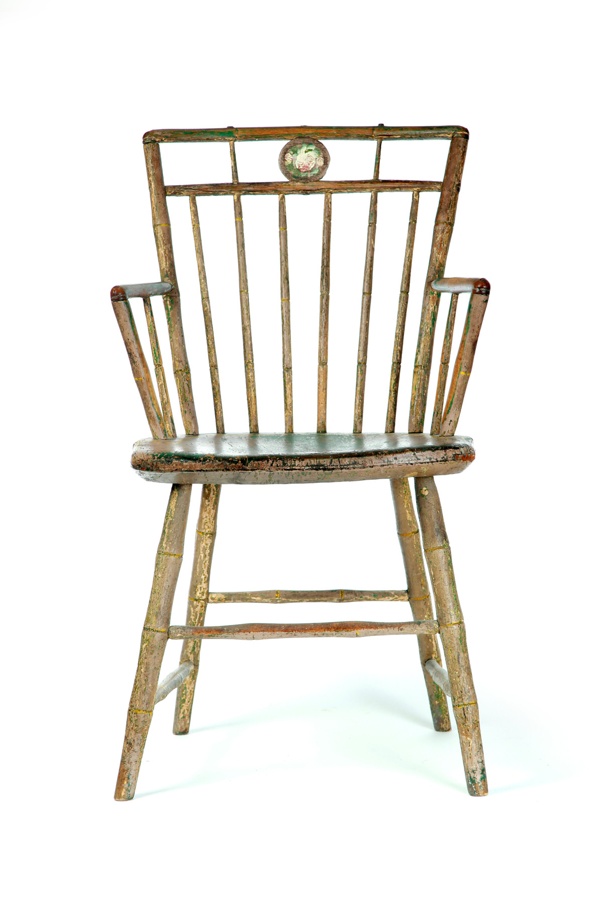 Appraisal: DECORATED PHILADELPHIA BIRDCAGE WINDSOR ARMCHAIR Early th century mixed woods